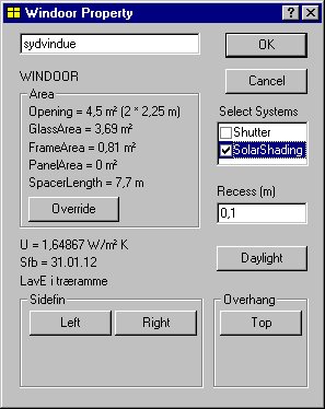 Dialog (Windoor Property) for ændring af vinduets lokale geometri og tilknytning af systemer til vinduet.