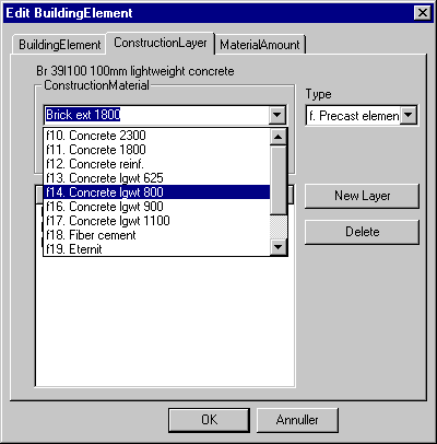 På andet faneblad (ConstructionLayer) i dialogen Edit BuildingElement kan lagdelingen for en konstruktion ændres.