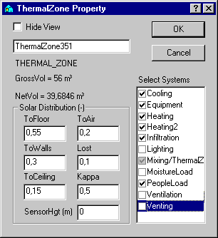Dialog (ThermalZone Property) for til- eller fravælgelse af systemer i en termisk zone.