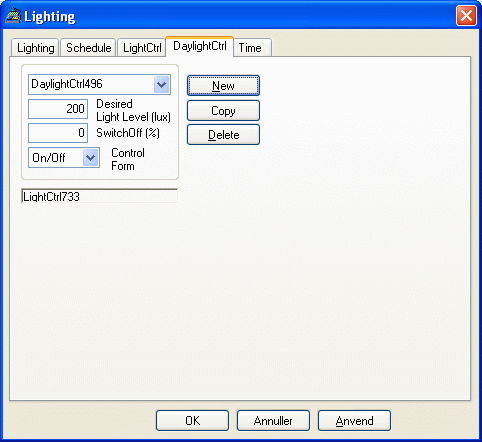 Dialog (Lighting | DaylightCtrl) til definition af reguleringen af solafskærmningen som en funktion af det beregnede belysningsniveau i et punkt i modellen.