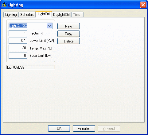 Dialog til definition af reguleringen (Lighting | LightCtrl) af kunstbelysningen som en funktion af solindfaldet og temperaturen i zonen.