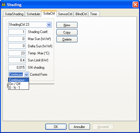 Dialog (Shading | SolarCtrl) for definition af reguleringen for solafskærmning.