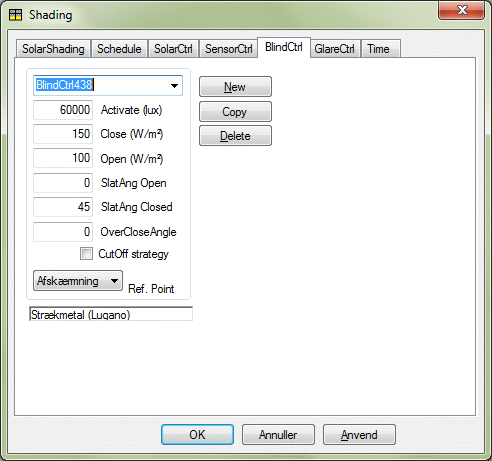 Dialog til definition af regulering for persienner - BlindCtrl.