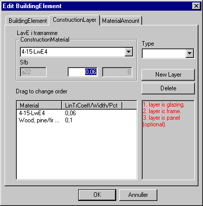 Definition af en WinDoor (Edit Material | ConstructionLayer) i databasen.