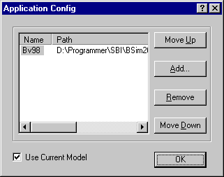 Dialogboks (Application Config) for tilknytning af programmer til værktøjsbjælken i BSim.