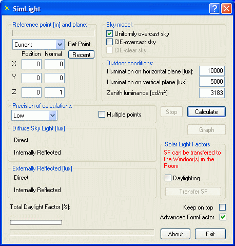 Dialog for dagslysberegningsprogrammet SimLight.