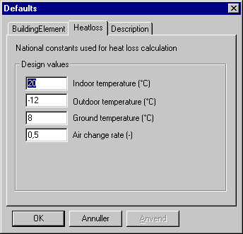 Standarddata (Defaults | Heatloss ) til beregning af det dimensionerende varmetab for modellen.