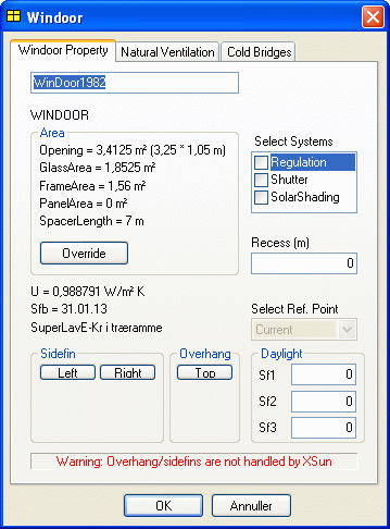 Dialog (Windoor Property) for beskrivelse af geometri, glasareal og skyggegivere for en WinDoor.