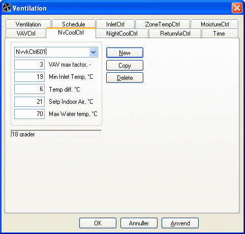 Dialog for definition af inddata til reguleringsstrategien Ventilation | NvCoolCtrl.