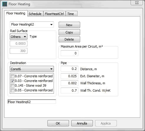 Window dialog for the description of hydronic thermo-active building structures