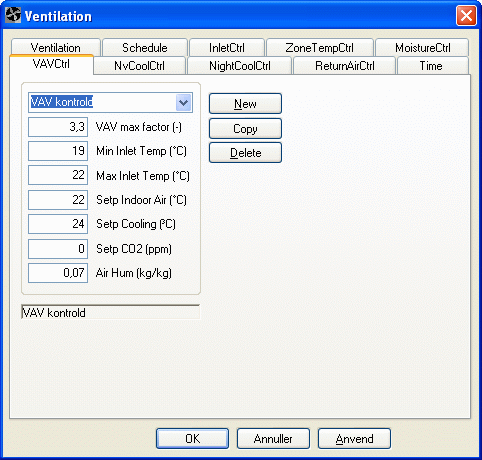 Definition (Ventilation | VAVCtrl) af reguleringsstrategien for VAV-regulering.