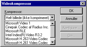 Valgmenu for definition af komprimerings-rutine til video-filer.