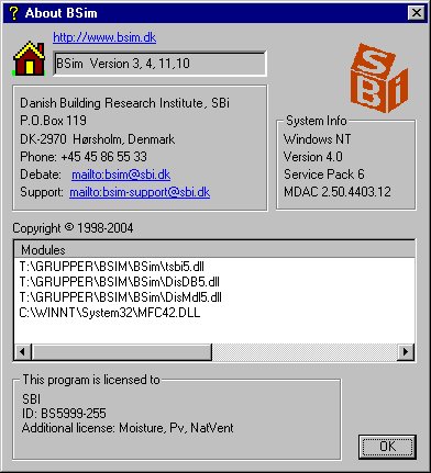 The dialog is shown when clicking Help | About BSim.