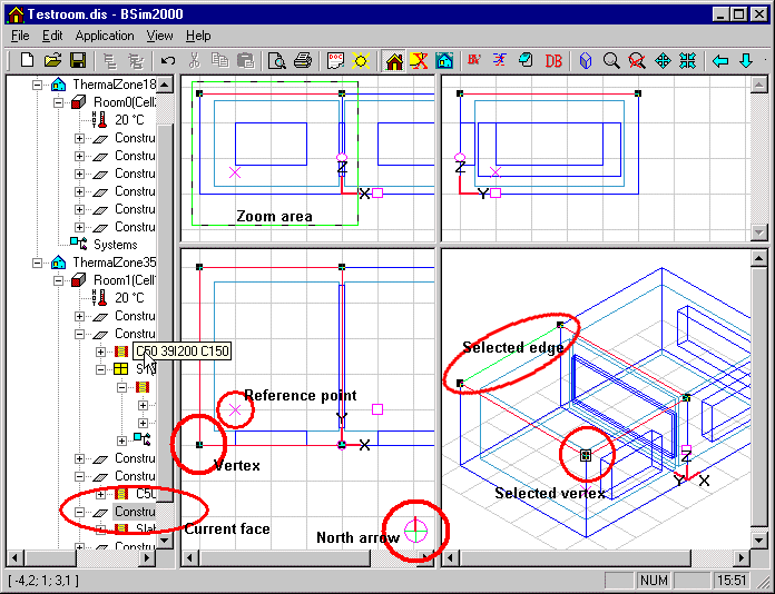 The program window in SimView with the tree summary on the left and four views of the model on the right.