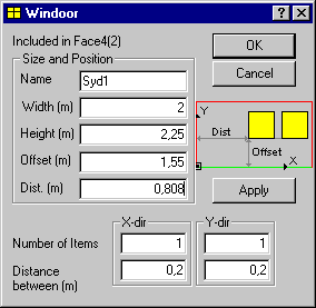 Dialog for adding windows and doors (WinDoor) to a face. The illustration at the bottom right of the dialog shows how the WinDoor is located in the local coordinate system.