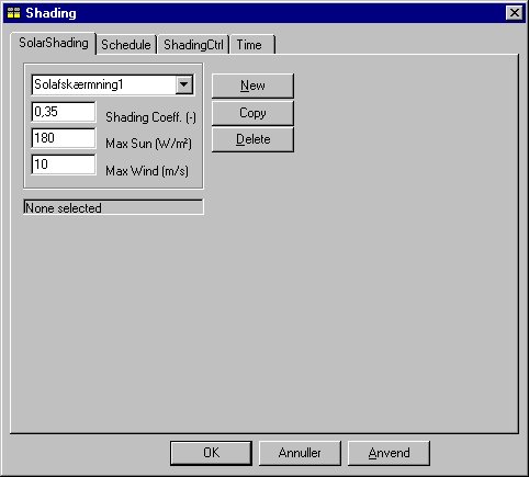 Dialog (Shading) for definition of solar shading at a Windoor.