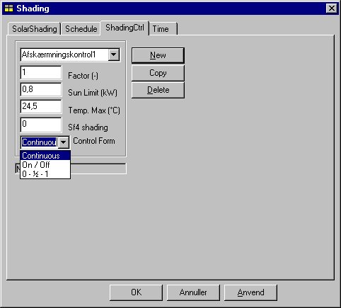 Definition of the solar shading control in the dialog SolarShading | ShadingCtrl.