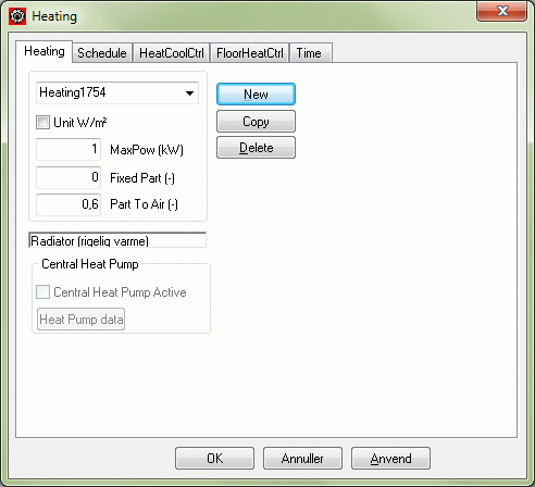 Dialog (Heating) for definition of the possible power output from a radiator.