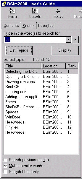 Tabs in BSim User's Guide searching for 'dxf' at the Search tab.