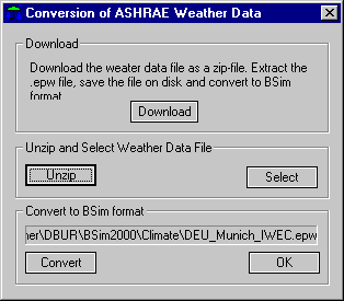 Dialog for automatic download and converting of climate data in energy+ format.