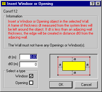 Dialog (Insert WinDoor or Opening) for filling in a surface with a WinDoor or an Opening.