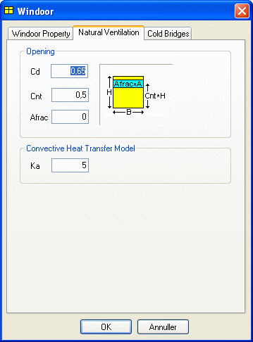 2nd tab in the WinDoor property dialog gives access to define parameters for simulating natural ventilation.