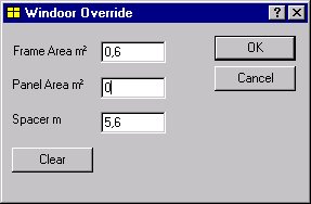 Dialog box (Windoor Override) for changing calculated geometric values for a WinDoor.