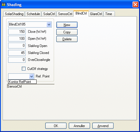 Dialog for defining shading control of Venetian Blinds - BlindCtrl.
