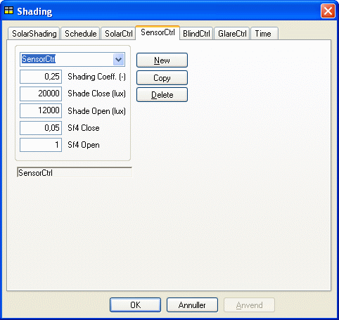 Dialog for definition of solar shading control by an external sensor - SensorCtrl.