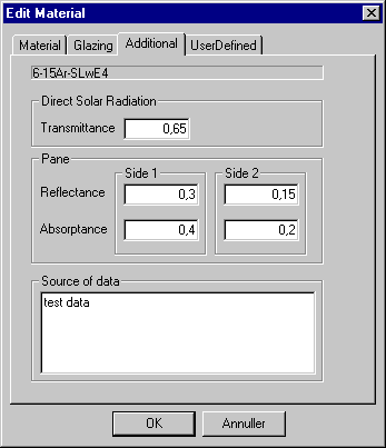 Tab Additional for definition of input data to detailed simulations of the glazing temperature.