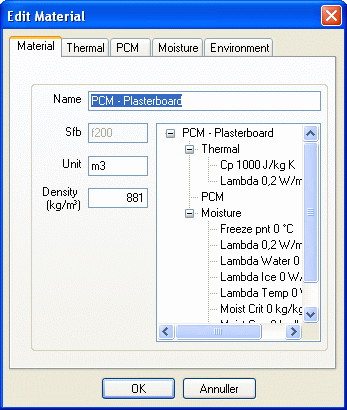 Window for editing a material in the database. The Material tab contains information, such as the density and the unit of measurement used for the material - m³ in this instance - which is needed in connection with thermal analysis and LCA analysis.