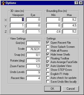 Dialog box for adjusting default setup for grid, eye, etc.