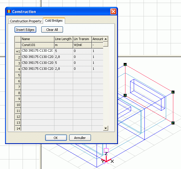 Dialog for definition of thermal bridges along the edges of a face.
