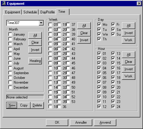 Dialog box for defining a time definition for when the system can be in operation over the course of the year (Time).