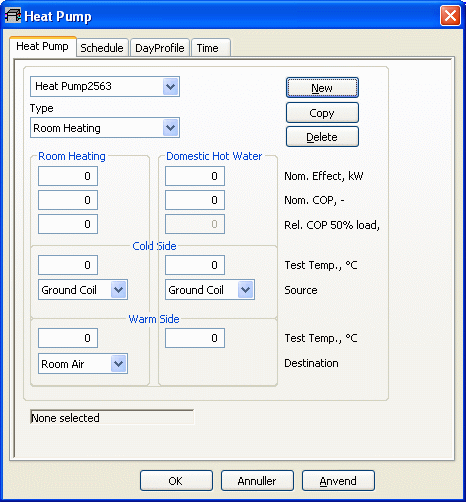 Dialog for physical description of a heat pump.