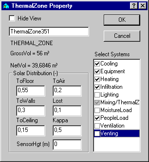 Dialog box for selecting, deactivating and deselecting systems to be attached to a thermal zone.