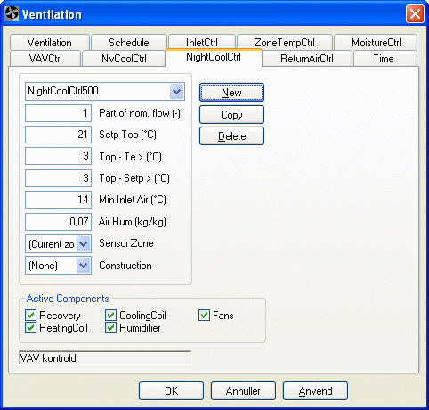 Defining the control strategy for night cooling.