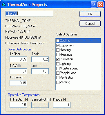 Input data for the Kappa Model is specified as a value of Kappa, a height above the floor (SensorHgt) at which the operative temperature is to be calculated and the share (TiFraction) of indoor air temperature used in calculating the operative temperature.