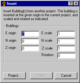 The Insert dialog box shows the position of the selected point in the plane and the scaling of the buildings to the east, to the north and along the Z-axis, and the rotation of the inserted project.