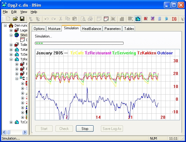 The simulation is started and stopped on the 'Simulation' tab. The outdoor temperature and the operative temperature for the model's thermal zones are displayed during the simulation.